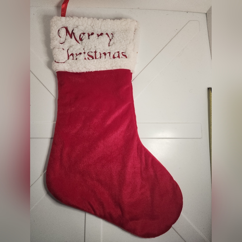 Festive Red "MERRY CHRISTMAS" Stocking with White Fleece Trim